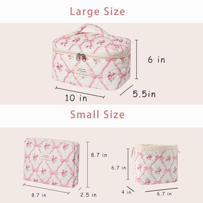 3pcs Large Cotton Quilted Makeup Bag Set,Coquette Aesthetic Cute Travel Toiletry Bag,Drawstring Gift Bag for Women and Girls(3Pcs Pink Bow) - color: 3Pcs Pink Bow