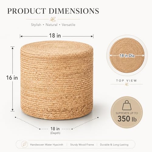 Wimarsbon 18'' Pouf Ottoman, Natural Braided Poof, Round Poufs, Rustic Handweave Lounge Pouffe, Boho Footrest Stool for Bedroom, Accent Table or Seat for Patio, Living Room - color: 18inch Natural Water Hyacinth Braid