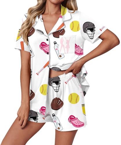 Ekouaer Pajamas Set for Women 2 Piece Pjs Short Sleeve Sleepwear Button Down Lounge Shorts Sets S-XXL - color: Ball White, size: XX-Large