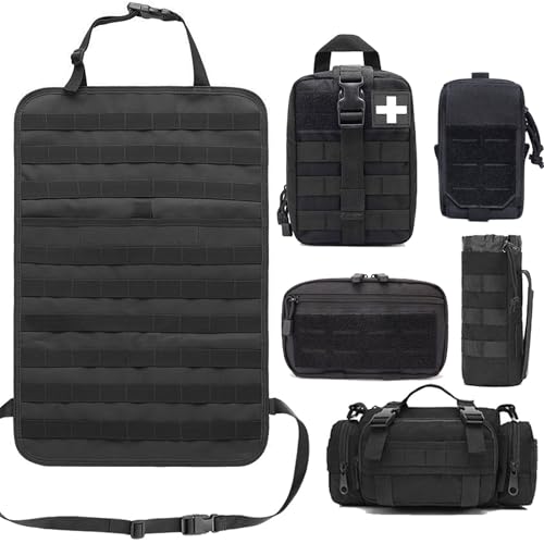 Upgrade Tactical Molle Seat Back Organizer with 5 Detachable Pouches, Universal Car Seat Back Bag Vehicle Organizers Panel Protector for Car Truck Jeep Vehicle (Black) - color: Black