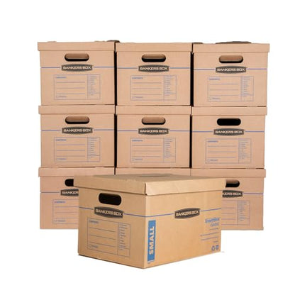 Bankers Box Small Classic Moving Box 10 Pack, Reinforced Handles, Tape-Free Assembly, Box with Lid, 15" x 12" x 10", Cardboard - size: Small, 10 Count (Pack of 1)