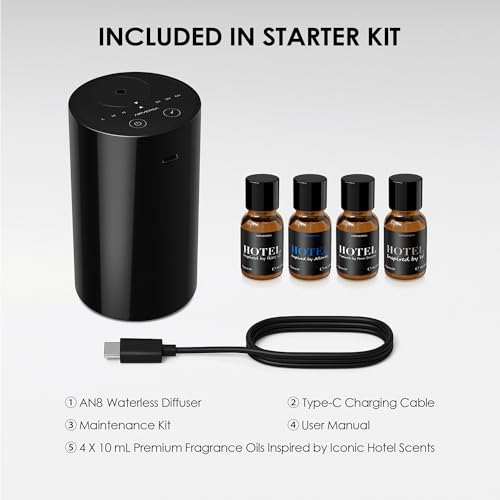 Airversa Waterless Essential Oil Diffuser Starter Kit with 4 x 10mL Hotel Scent Fragrance Oil, Battery Operated Mini Scent Air Machine Portable Diffuser for Home Car Office, AN8 Kit Black - color: A Black