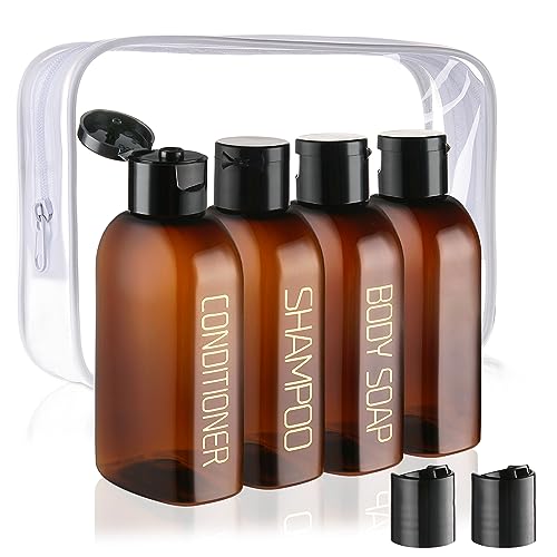 Cosywell Travel Bottles for Toiletries 4pcs 3.4oz Travel Shampoo and Conditioner Bottles TSA Approved Travel Size Containers Leak Proof Small Plastic Squeeze Bottles with Flip Cap - color: B-3.4oz-Brown-3label1blank