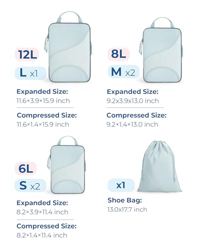 BAGSMART Compression Packing Cubes - 6 Set Travel Packing Cubes for Suitcases, Compression Suitcase Organizers with Shoe Bag - color: 03-Light Blue