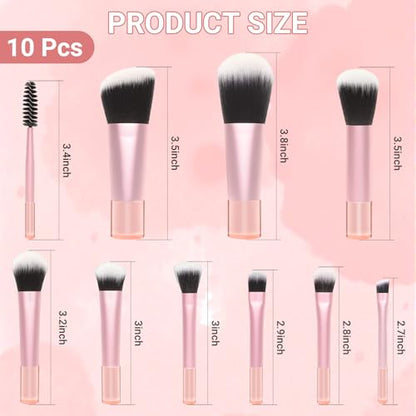 10 Pcs Mini Travel Makeup Brush Set with Pouch, Foundation, Eyeshadow, Blush, Highlighter, Angled Brow & Mascara Brushes - Soft Synthetic Fiber Brushes for On-The-Go & Daily Makeup (Pink) - color: Pink