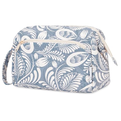 Narwey Women Makeup Bag Wide-open Make up Bag Travel Cosmetic Organizer Toiletry Bag for Cosmetics Toiletries Accessories (Blue Leaf) - color: Y-Blue Leaf