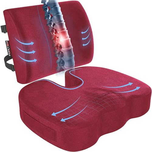 FORTEM Seat Cushion, Office Chair Cushion, Lumbar Support Pillow for Office Chair, Memory Foam Car Seat Cushions, Sciatica Coccyx Tailbone Pain Relief, Cushions for Back Support, Washable, Non Slip XL - color: Red Velour, size: X-Large