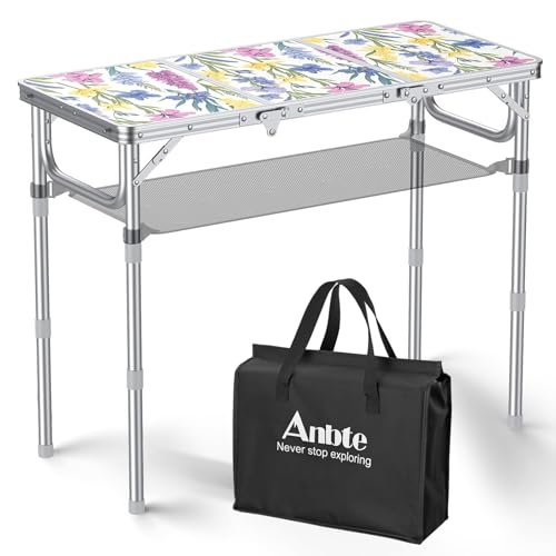 Anbte 3ft Folding Camping Table with Storage Net & Bag, 3 Adjustable Height Max 27.5" Outdoor Folding Table Lightweight, Portable Handle for Outdoor Indoor Camping Beach RV Picnic, Blooming Floral - color: Spring Blossom