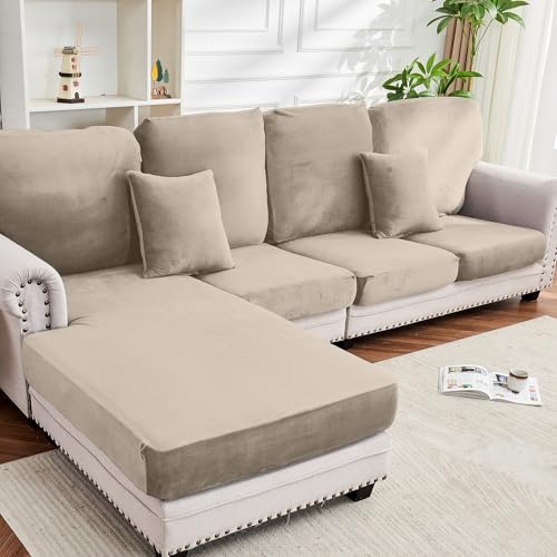 Couch Cover 8-Piece Elastic Velvet Couch Cushion Covers & Chaise Slipcovers for L-Shaped Sofas - Sofa Seat Covers Washable, Soft Protector for Couches (7 Seater + Chaise, Taupe) - color: Taupe, size: 4 Backrest + 3 Seater + 1 Chaise