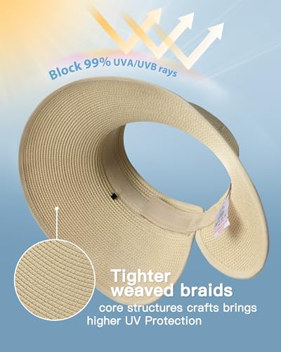 FURTALK Sun Hats for Women Wide Brim Beach Hat Straw Visor Ponytail Summer UV Packable Foldable Beach Vacation Essentials - color: Beige