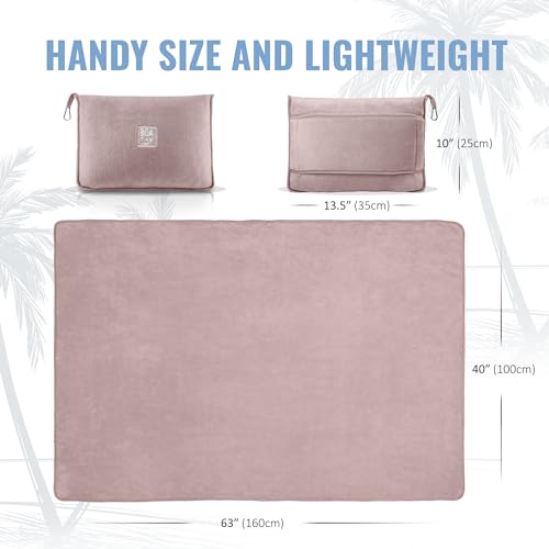 BOACAY Soft & Warm Travel Blanket for Airplane & Car - Long Flight Essential for Women, Men, Kids - Compact Pillow with Luggage Sleeve & Backpack Clip - color: Pink