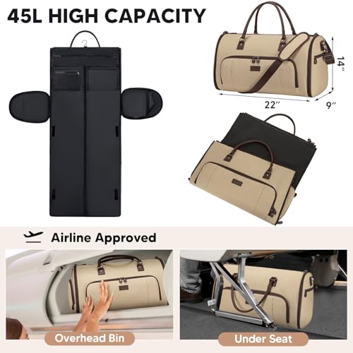 Convertible Garment Bags for Travel, Carry On Garment Duffle Bags for Women, Garment Bag with Shoes Compartment, 2 in 1 Travel Suit Bag with Detachable Shoulder Strap (Khaki) - color: Khaki