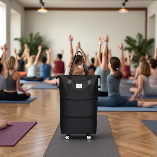 Expandable Foldable Duffel Bag with Detachable Wheels, 64L Large Capacity Rolling Travel Duffle Bag, Lightweight Carry on Luggage with Spinner Wheels, Weekend Gym Tote Bag (Black) - color: Black
