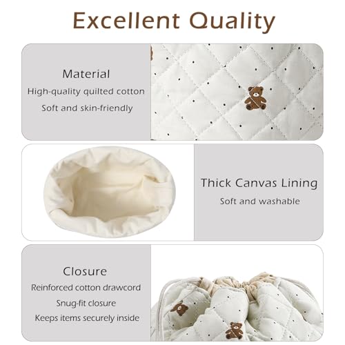 Cotton Quilted Drawstring Makeup Bag with Canvas Lining,Coquette Aesthetic Cute Travel Toiletry Bag,Drawstring Gift Bag for Women and Girls（15Dot Bear） - color: 15Dot Bear