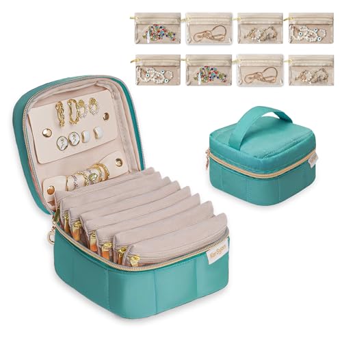 KarSyon Travel Jewelry Case Organizer Jewelry Box with 8 Velvet Pouches Mini Jewelry Organizers Storage for Girls/Women Small Cute Puffer Bags for Earrings,Rings,Necklaces,Bracelets (Teal, Small) - color: Teal, size: Small