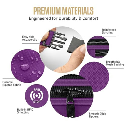 VENTURE 4TH Money Belt for Travel – Slim Hidden Under-Clothes RFID Blocking Anti-Theft Passport Holder & Travel Wallet Pouch for Men & Women to Protect Cash, Cards & Documents (Purple) - color: Purple