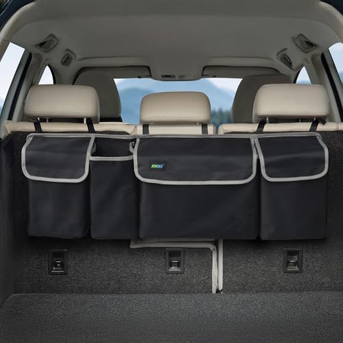 JOYSKY Hanging Trunk Organizer for SUV – Backseat Car Storage Bag, Large Collapsible Backseat Trunk Organizer with Adjustable Straps, Space Saving Car Organization Accessories for Truck MPV Van - color: Black/Grey