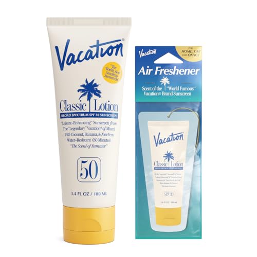 Vacation Classic SPF 50 Sunscreen Lotion and Air Freshener Bundle, 3.4 Fluid Ounces - Invisible, No White Cast, Water-Resistant, Dermatologist-Tested, Vegan, Travel Size - size: 3.4 Fl Oz (Pack of 1), style: SPF 50