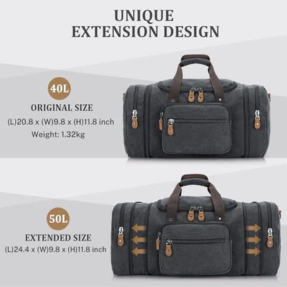 Gonex Canvas Duffle Bag for Travel 50L Expandable Duffel Weekend Overnight Bag men (Dark Gray) - color: Dark Grey, size: Large-50L (Without Shoe Compartment)