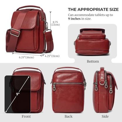 Augus Leather Small Messenger Bag For Men Crossbody Handbag Shoulder Sling Travel Bags for Men Purse Daypack Magnetic Buckle - color: Burgundy