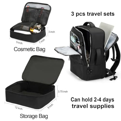 SHRRADOO Travel Backpack for Women & Men,Airline Approved Carry On Luggage,TSA Overnight Bags,40L Personal Item Travel Bag fits 17" Laptop,Carry on Bag with Storage Bag Cosmetic Bag Set 3pcs (Black) - color: Black