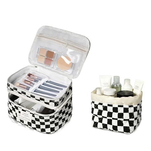 Gosect Makeup Bag, Quilted Cosmetic Bag Set, Drawstring Makeup Bag with Canvas Lining, Large Floral Toiletry Bag for Women Girls, Cute Cotton Flower Travel Organizer Bag (Checkered Pattern - color: Checkered Pattern