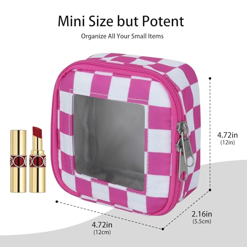 DOB SECHS Mini Checkered Bag for Purse 5.1'' x 5.1'' Small Makeup Bag for Car Cute Clear Cosmetic Bags with Zipper, Tiny Toiletry Bag Lipstick Organizer Pouch Travel Essentials Storage Pouch, Hot Pink - color: Hot Pink