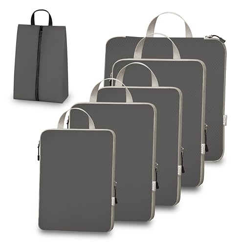 Compression Packing Cubes for Travel, Set of 6 Expandable Luggage Organizers with Shoe Bag, Lightweight Water-Resistant Suitcase Essentials for Carry-on & Checked Luggage, Grey - color: Grey, size: Set of 6