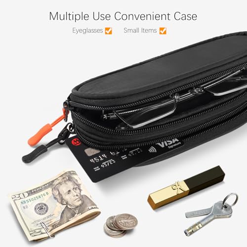 Double Eyeglasses Case Soft Portable Zipper Sunglasses Pouch with Keychain Clip for Men Women - color: Black