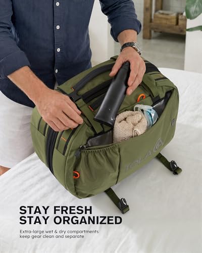 Tolaccea Travel Laptop Backpack for Men Women, 40L-50L Expandable Carry On Backpack with Wet Dry Compartment, TSA Approved Daypack Fits 16 Inch Laptop, Convertible Rucksack Duffel Bag for Work Travel - color: Army Green