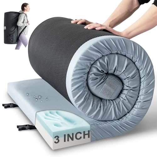 Kingfun 3 Inch CertiPUR-US Memory Foam Camping Mattress Pad, Waterproof Roll up Sleeping Pad, Thick Floor Sleeping Mats for Tent with Removable Travel Bag - color: Light Blue, size: Single 75" X 30" X 3 inch