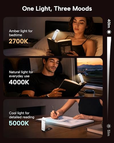 86lux Book Light, Rechargeable Clip-On LED Reading Light for Bed & Night Use - 3 Color Temperatures with Stepless Dimming, Ultralight Bookmark Design for Kids, Book Lovers, White - color: White