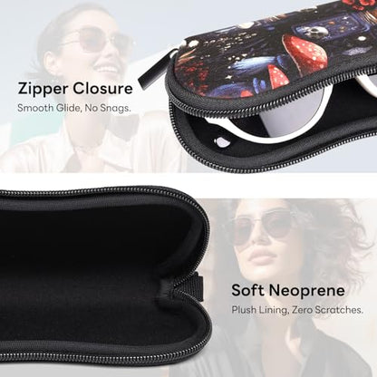 Sunglasses Case with Belt Clip, Ultra Light Neoprene Zipper Soft Padded Glasses Case for Women Men - color: Mushroom Skull