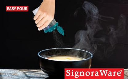SIGNORAWARE Salt and Pepper Shakers Moisture Proof Set of 2 Large Salt Shaker to go Camping Picnic Outdoors Kitchen Lunch Boxes Travel Spice Set Clear with Teal Covers Lids Plastic Airtight Dispenser - color: Teal