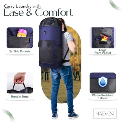 HAEVON Laundry Backpack - 131L Heavy Duty Laundry Bag with Padded Shoulder & Waist Straps, Removable Liner - College, Dorm, Apartment, Travel, Outdoor - Big Laundry Bag for Easy Carrying (Blue Black) - color: Navy Blue and Black