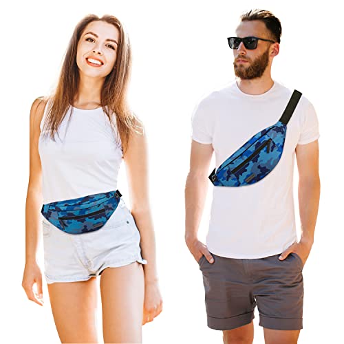 MAXTOP Large Crossbody Fanny Pack with 4-Zipper Pockets,Gifts for Enjoy Sports Festival Workout Traveling Running Casual Hands-Free Wallets Waist Pack Phone Bag Carrying All Phones - color: Camo Blue, style: Large Fanny Pack(4 Zipper Pockets)