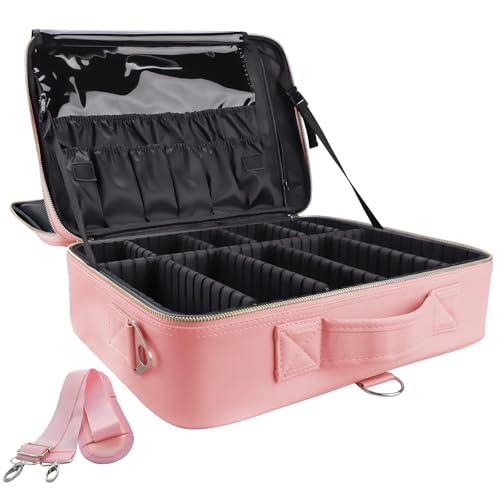 gzcz Large Capacity Travel Makeup Case Organizer,Professional Cosmetic Bags for Women,Waterproof PU Leather Makeup Bag with Adjustable Dividers and Shoulder Strap for Brushes and Jewelry - color: Criss Cross Pink, size: Large