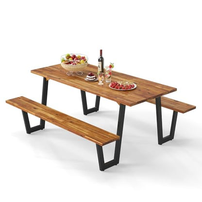 Giantex 71" Picnic Table Bench Set for 6-8, Acacia Wood Outdoor Dining Table Set, 2" Umbrella Hole, Heavy Duty Metal Frame, Footrest Bar, Large Rectangular Tabletop for Porch Patio Lawn Garden - size: 71"x30"x30"