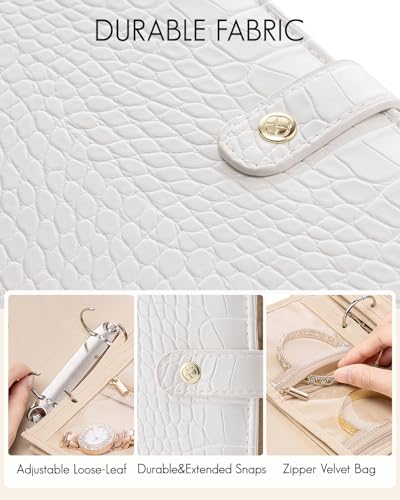 VLANDO Travel Jewelry Case,Jewelry Organizers and Storage Jewelry Book Ring Binder with Clear Zipper Velvet Jewelry Pouches Bags for Rings,Necklace,Earrings-White - color: 07.White-Crocodile