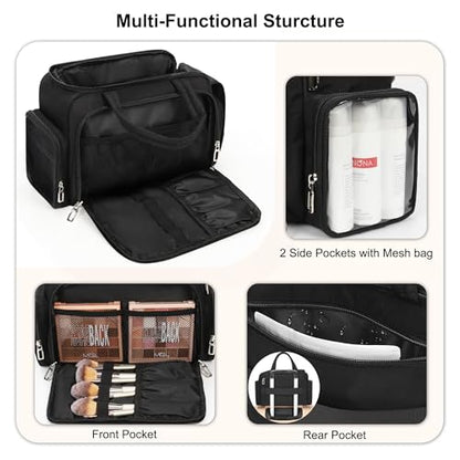Travel Toiletry Bag for Women, Lightweight Wide-open Toiletries Travel Bag with Handle, Large Cosmetic Organizer with Makeup Brushes Compartment for Essentials for Trip, Camping - Black