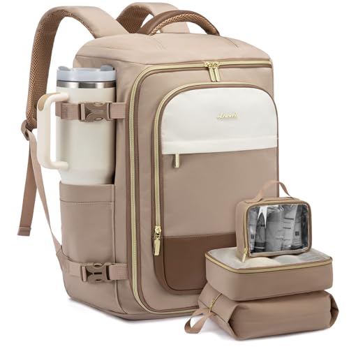 LOVEVOOK 40L Travel Backpack for Women, TSA Approved Carry On Backpack with 3 Packing Cubes, Personal Item Bag Fits 17" Laptop, Water-resistant Carry On Bag for Airplanes - color: Beige & Khaki, size: 40L-4PCS