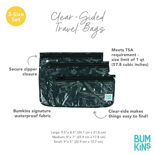 Bumkins Travel Bag, Toiletry, TSA Approved Packing Pouch, Zip Bag, Quart Size Airline Compliant, Clear-Sided, Set of 3 Sizes - color: B1 Starry Cactus-Dk Green, style: Bumkins
