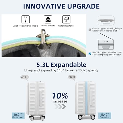 HanTrip 20 Inch Carry on Luggage 22x14x9 Airline Approved Hard Shell Suitcases with Wheels, Top Opening Expandable Carry on Luggage with Cup Holder Small Rolling Suitcase with Lock, White - color: White, size: Expandable 20 Inch