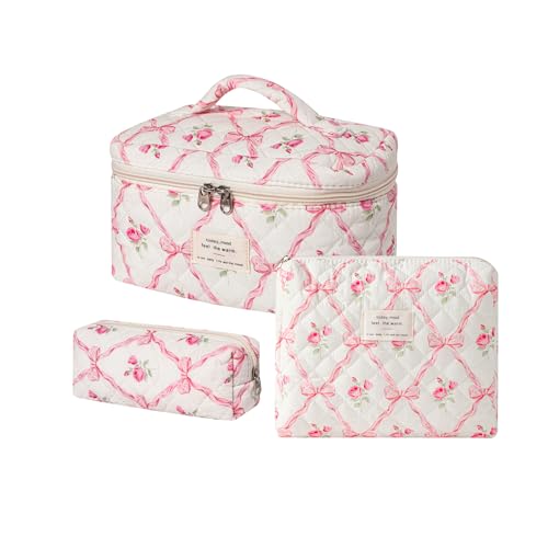 uekeboag Large Travel Quilted Makeup Bag for Women, Floral Cotton Cosmetic Bag, Coquette Aesthetic Floral Toiletry Organizer Bag - color: 3Pcs PinkBow