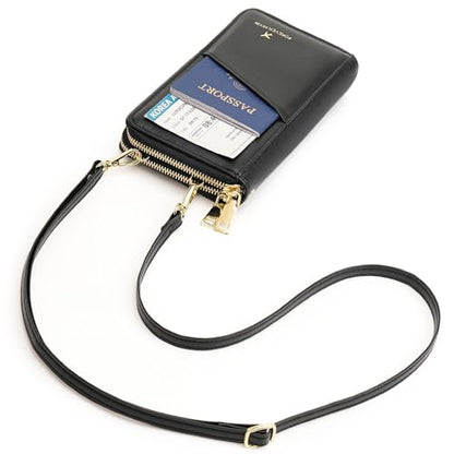 GOIACII Passport Wallet Travel Crossbody Bags for Women Wristlet Phone Purse Double Zip Vegan Leather Black - color: A02 Black