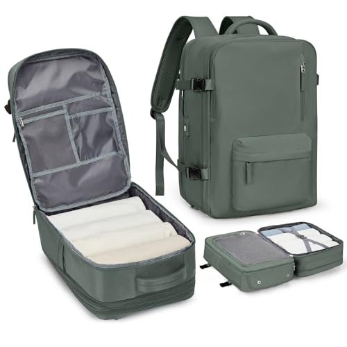 Large Travel Laptop Backpack, Expandable Flight Approved Backpack, Carry on Backpack for Women, Waterproof 17inch Laptop Hiking Backpack with Shoe Compartment, Dark Green - color: A14-darkgreen