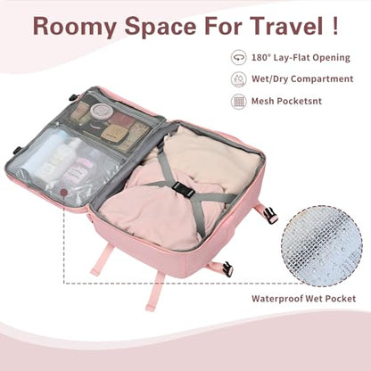 Carry On Backpack for Women & Men – Airline Approved Underseat Size, 15.6" Laptop Compartment, TSA-Friendly 180° Opening, Anti-Theft Business Travel Backpack with Trolley Sleeve(Pink, Medium) - color: Pink, size: Medium