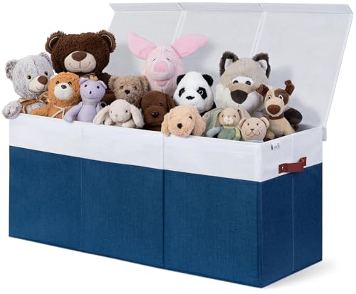 SoftOwl Extra Large Toy Storage Organizer with Lid - Sturdy, Collapsible Toy Chest Storage Box Design - Toys Bin with Dividers for Kids, Nursery, Bedroom, Playroom 37"x16"x14" - color: Blue & White