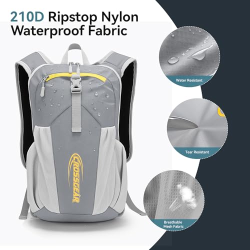 16L Small Hiking Backpack, CROSSGEAR Lightweight Waterproof Foldable Backpack, Travel Camping Outdoor Daypack for Women Men, Gray