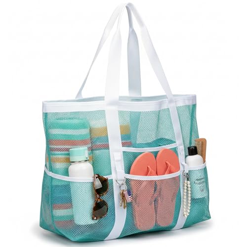 F-color Mesh Beach Bag Family - Large Tote Bag 9 Pockets for Swim Pool Toys Cruise Beach Vacation Essentials - color: Mint Green, size: Large with Mesh Bottom